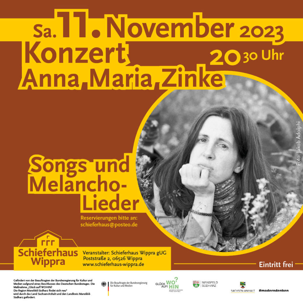 Flyer für ein Solo-Konzert von Anna Maria Zinkeim Schieferhaus Wippra am 11.11.23 um 20:30 Uhr